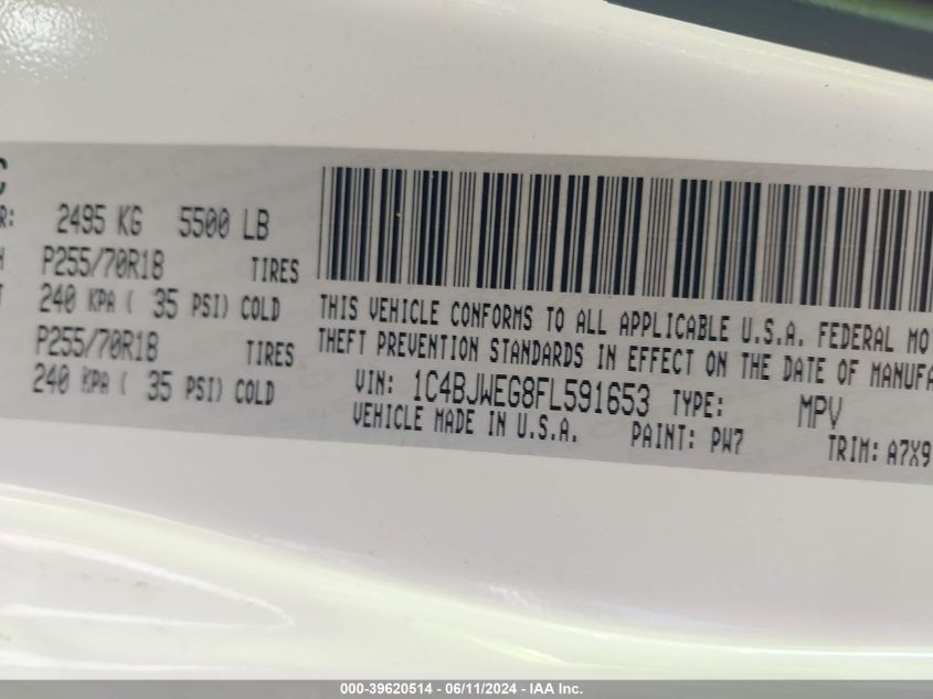 2015 Jeep Wrangler Unlimited Sahara VIN: 1C4BJWEG8FL591653 Lot: 39620514