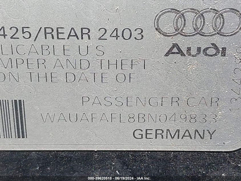 2011 Audi A4 2.0T Premium VIN: WAUAFAFL8BN049833 Lot: 39620518