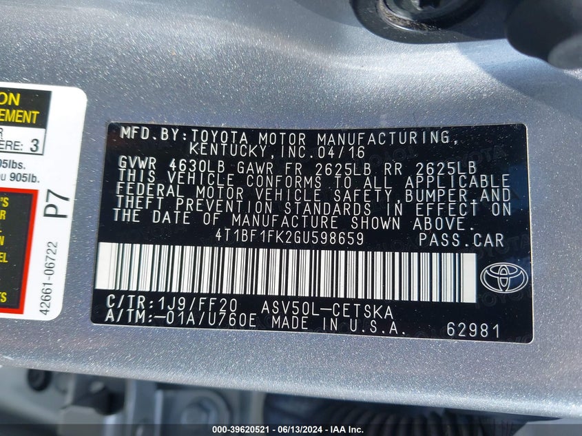 2016 Toyota Camry Se VIN: 4T1BF1FK2GU598659 Lot: 39620521