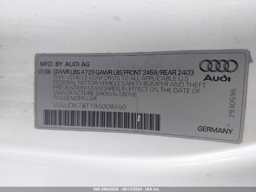 2009 Audi A5 3.2L VIN: WAUDK78T19A008650 Lot: 39620525