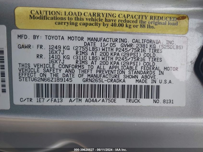 2006 Toyota Tacoma Prerunner V6 VIN: 5TETU62N66Z189145 Lot: 39620527