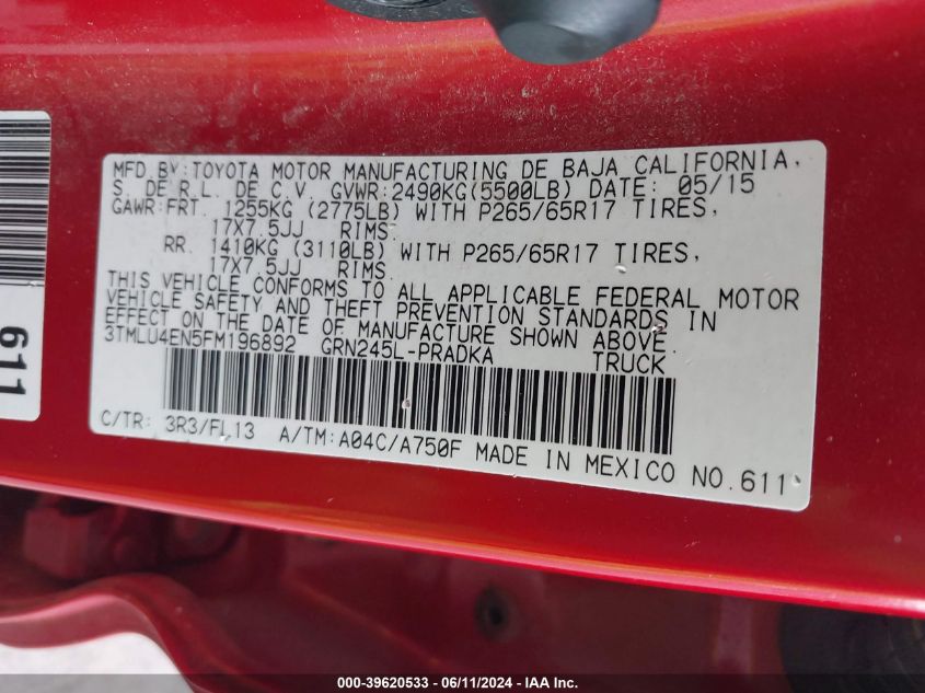 2015 Toyota Tacoma Base V6 VIN: 3TMLU4EN5FM196892 Lot: 39620533