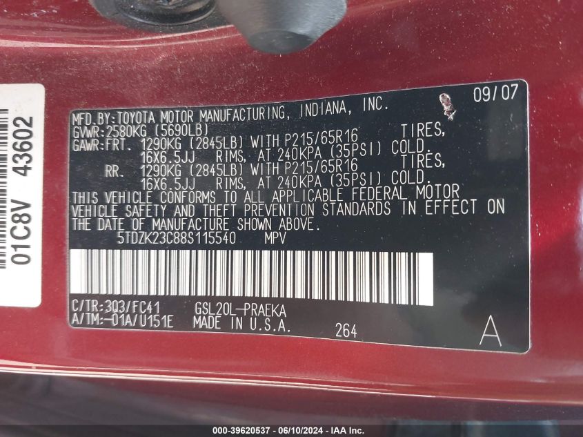 2008 Toyota Sienna Le VIN: 5TDZK23C88S115540 Lot: 39620537