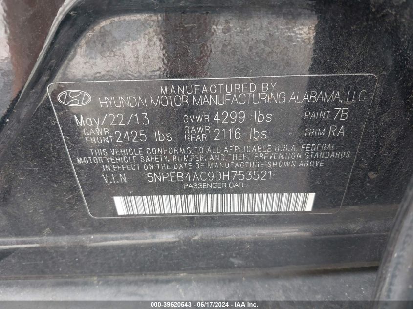 2013 Hyundai Sonata Gls VIN: 5NPEB4AC9DH753521 Lot: 39620543