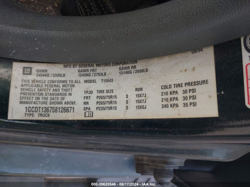 2005 Chevrolet Colorado Ls VIN: 1GCDT136758126671 Lot: 39620546