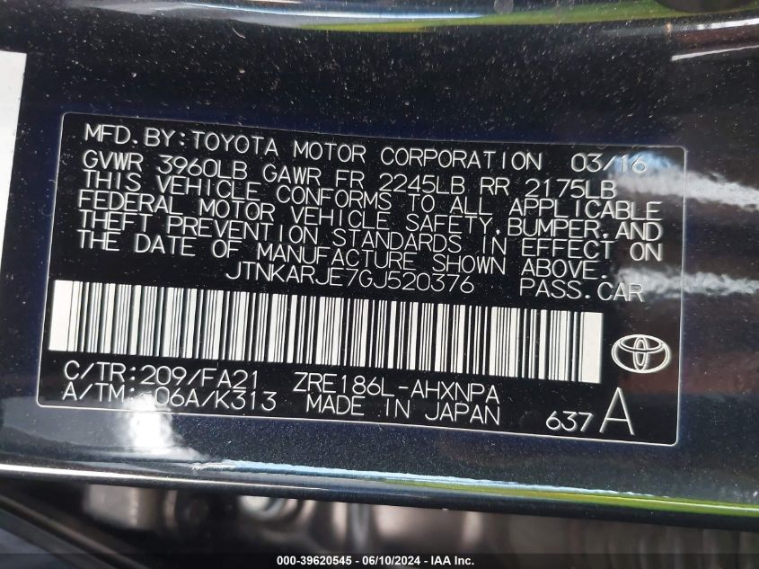 2016 Scion Im VIN: JTNKARJE7GJ520376 Lot: 39620545