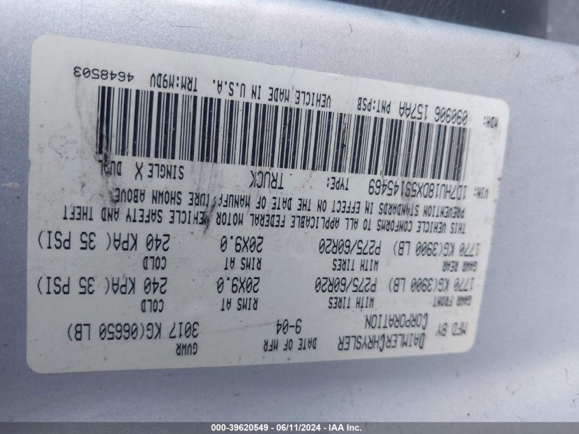 2005 Dodge Ram 1500 Slt/Laramie VIN: 1D7HU18DX5S145469 Lot: 39620549