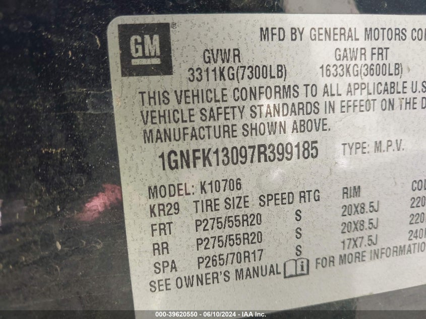 2007 Chevrolet Tahoe Ltz VIN: 1GNFK13097R399185 Lot: 39620550