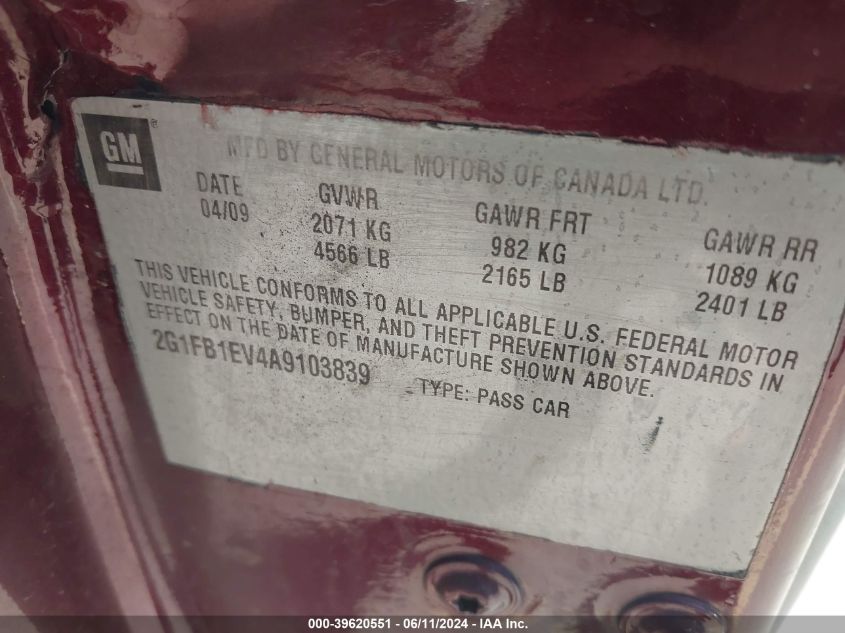 2010 Chevrolet Camaro 1Lt VIN: 2G1FB1EV4A9103839 Lot: 39620551