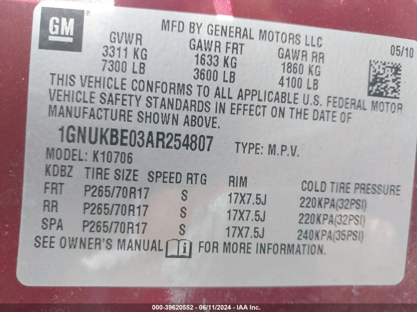2010 Chevrolet Tahoe Lt VIN: 1GNUKBE03AR254807 Lot: 39620552