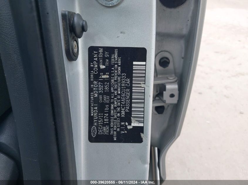 2012 Hyundai Accent Gls VIN: KMHCT4AE6CU189333 Lot: 39620555