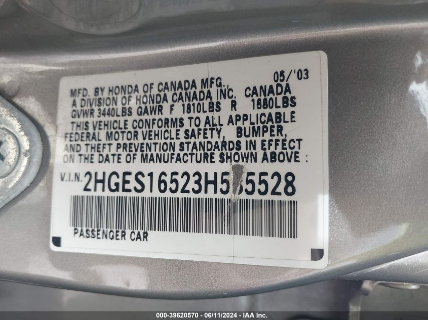 2003 Honda Civic Lx VIN: 2HGES16523H585528 Lot: 39620570