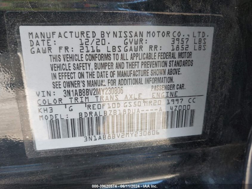 2021 Nissan Sentra S Xtronic Cvt VIN: 3N1AB8BV2MY230806 Lot: 39620574