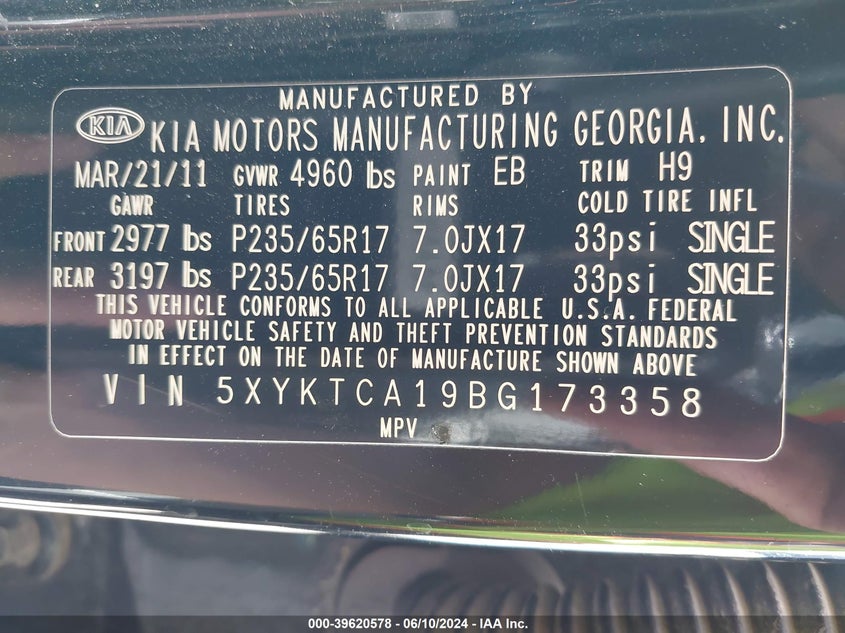2011 Kia Sorento Lx VIN: 5XYKTCA19BG173358 Lot: 39620578