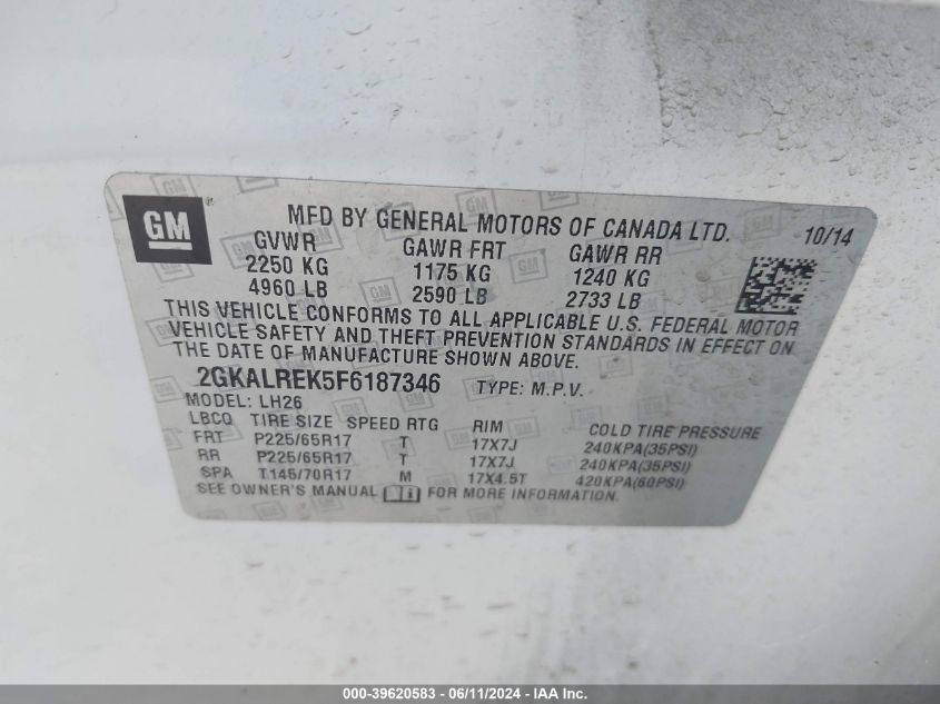 2015 GMC Terrain Sle-2 VIN: 2GKALREK5F6187346 Lot: 39620583