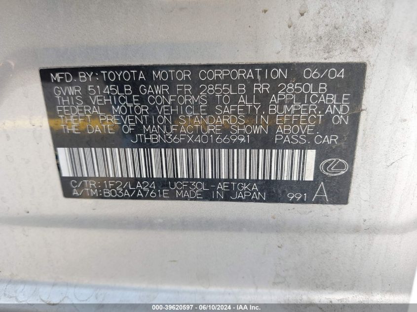 2004 Lexus Ls 430 VIN: JTHBN36FX40166991 Lot: 39620597