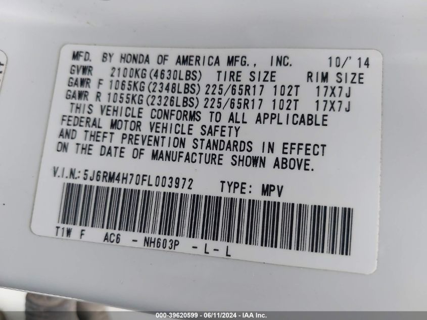 2015 Honda Cr-V Ex-L VIN: 5J6RM4H70FL003972 Lot: 39620599