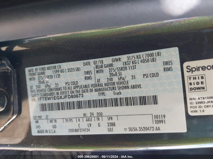2018 Ford F-150 Xlt VIN: 1FTEW1EGXJFD80673 Lot: 39620601