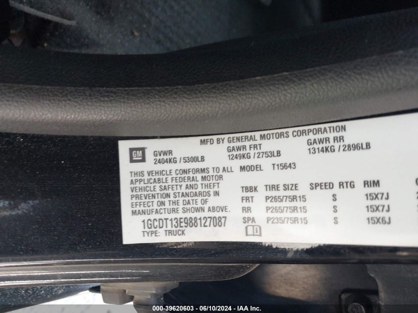 2008 Chevrolet Colorado Lt VIN: 1GCDT13E988127087 Lot: 39620603