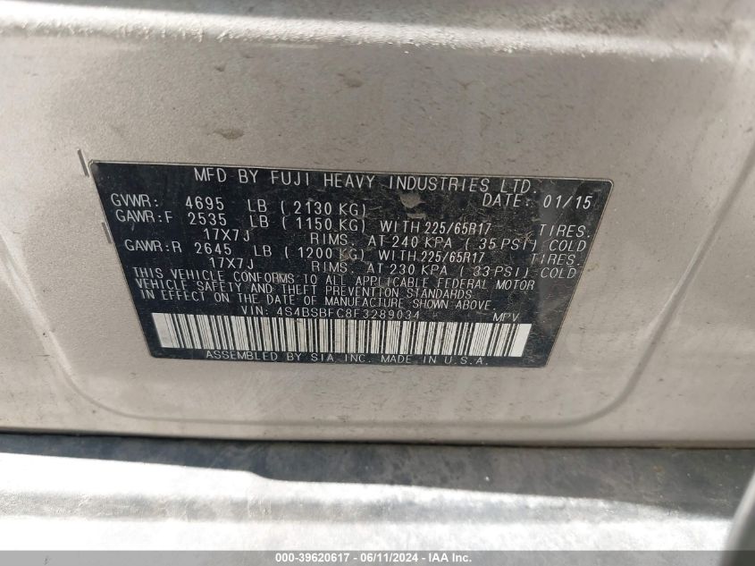 2015 Subaru Outback 2.5I Premium VIN: 4S4BSBFC8F3289034 Lot: 39620617