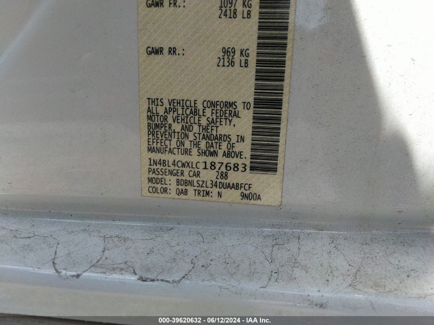 2020 Nissan Altima Sr Intelligent Awd VIN: 1N4BL4CWXLC187683 Lot: 39620632