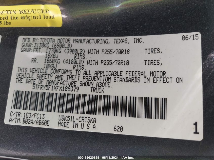 2015 Toyota Tundra Sr5 5.7L V8 VIN: 5TFRY5F1XFX189379 Lot: 39620639