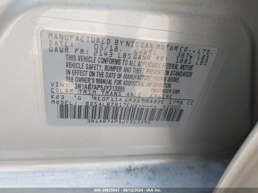 2018 Nissan Sentra S VIN: 3N1AB7AP5JY313395 Lot: 39620641