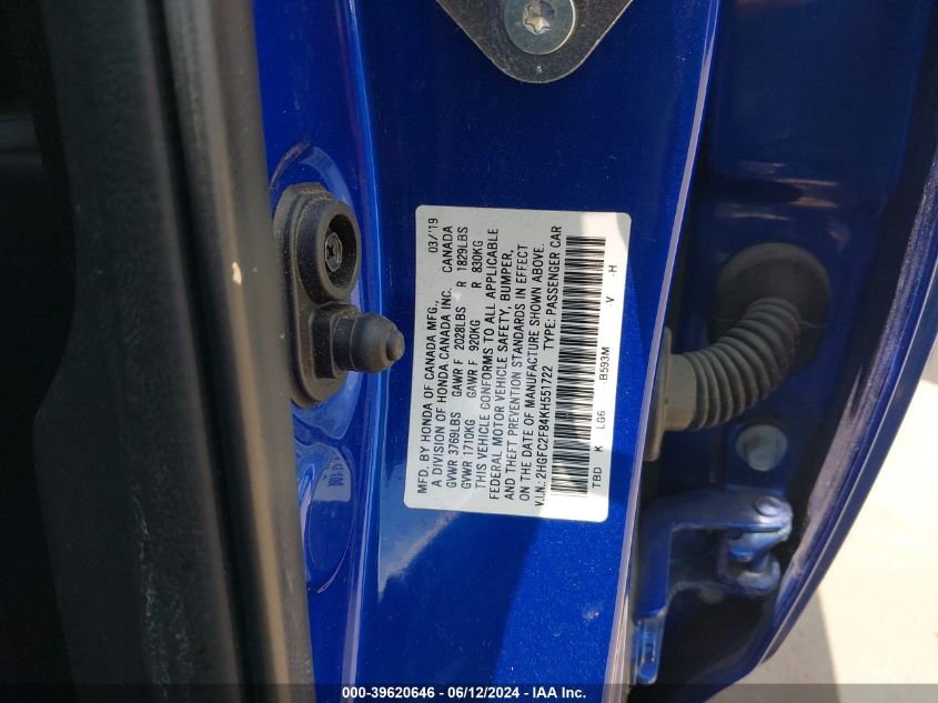 2019 Honda Civic Sport VIN: 2HGFC2F84KH551722 Lot: 39620646