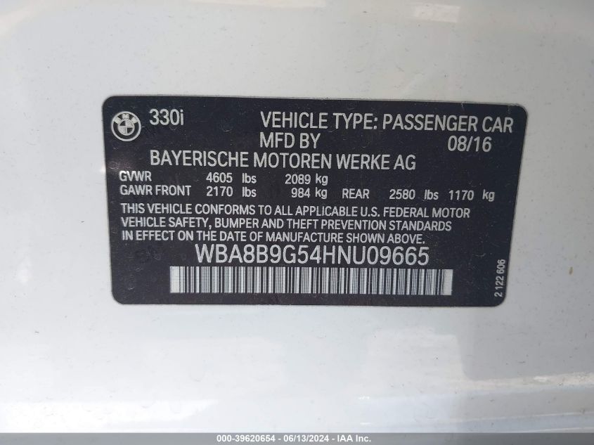 2017 BMW 330I VIN: WBA8B9G54HNU09665 Lot: 39620654