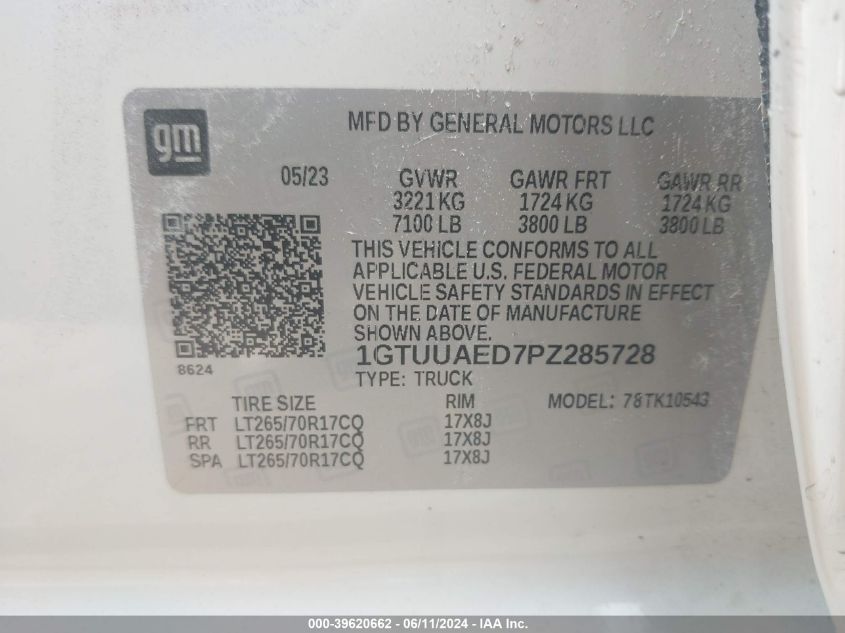 2023 GMC Sierra 1500 Pro VIN: 1GTUUAED7PZ285728 Lot: 39620662