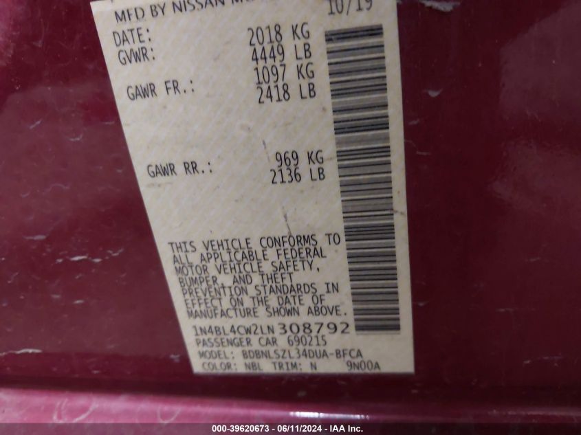 2020 Nissan Altima Sr Intelligent Awd VIN: 1N4BL4CW2LN308792 Lot: 39620673