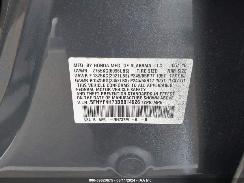 2011 Honda Pilot Ex-L VIN: 5FNYF4H73BB014926 Lot: 39620675