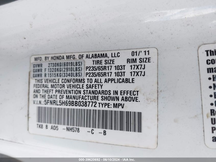 2011 Honda Odyssey Ex-L VIN: 5FNRL5H69BB038772 Lot: 39620692