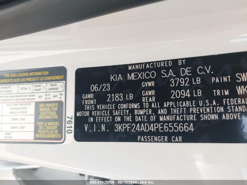 2023 Kia Forte Lxs VIN: 3KPF24AD4PE655664 Lot: 39620708