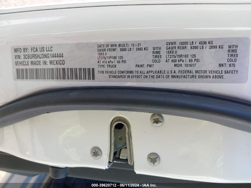 2022 Ram 2500 Tradesman 4X4 8' Box VIN: 3C6UR5HJ3NG144444 Lot: 39620712