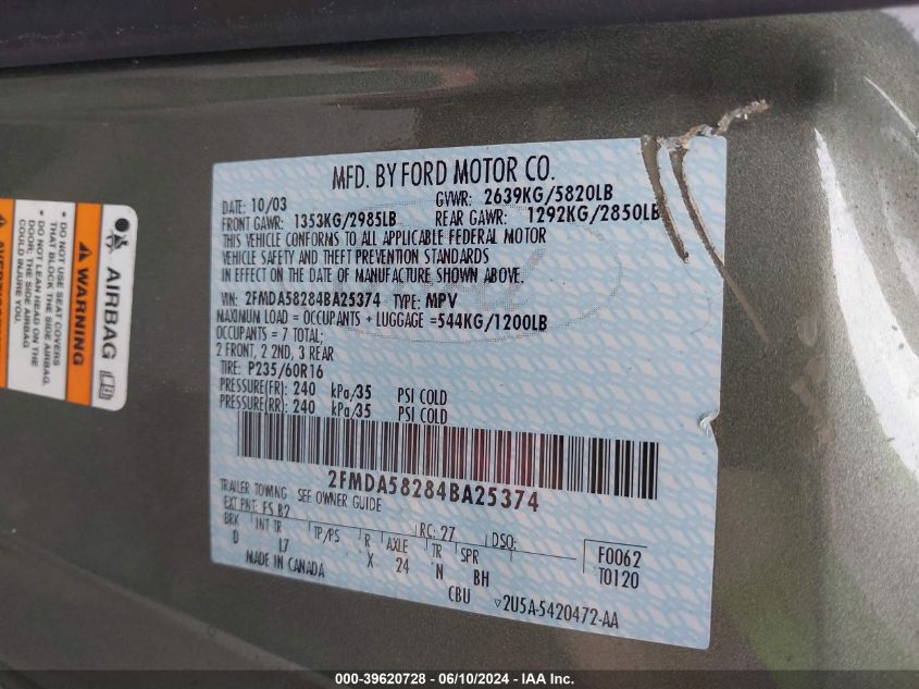 2004 Ford Freestar Limited VIN: 2FMDA58284BA25374 Lot: 39620728