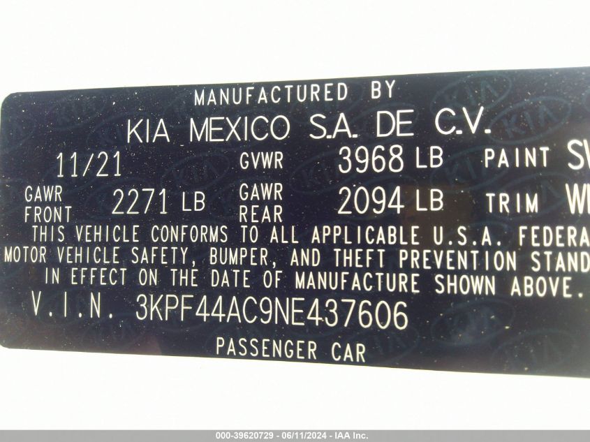 2022 Kia Forte Gt VIN: 3KPF44AC9NE437606 Lot: 39620729