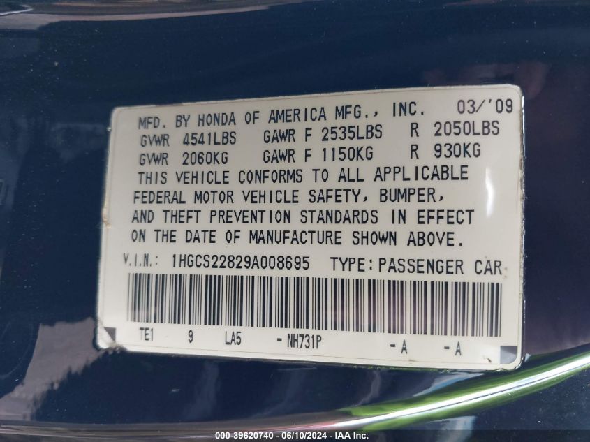 2009 Honda Accord 3.5 Ex-L VIN: 1HGCS22829A008695 Lot: 39620740