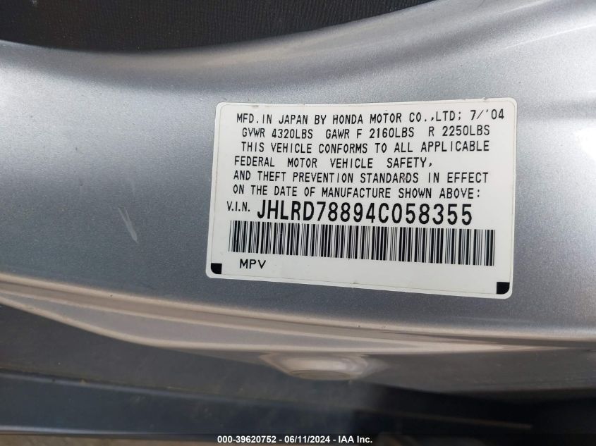 2004 Honda Cr-V Ex VIN: JHLRD78894C058355 Lot: 39620752