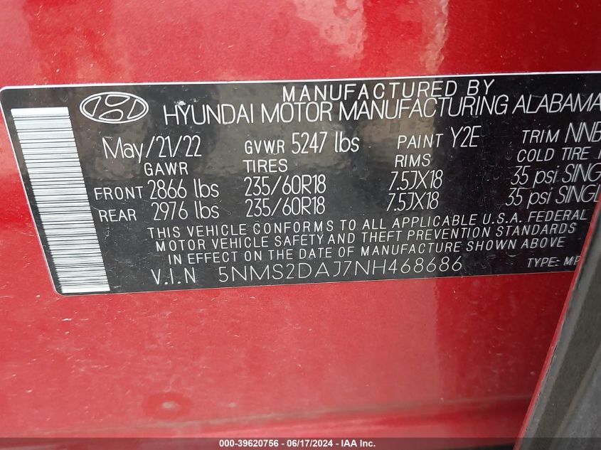 2022 Hyundai Santa Fe Sel VIN: 5NMS2DAJ7NH468686 Lot: 39620756