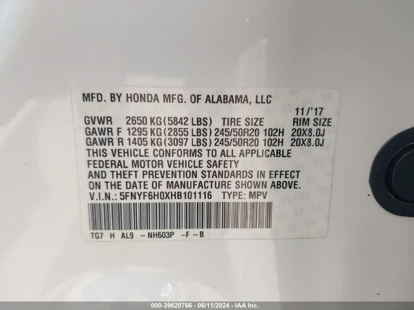 2017 Honda Pilot Elite VIN: 5FNYF6H0XHB101116 Lot: 39620766