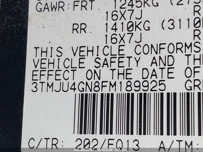 2015 Toyota Tacoma Prerunner V6 VIN: 3TMJU4GN8FM189925 Lot: 39620767