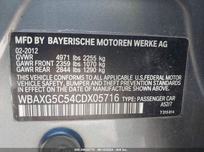 2012 BMW 528I VIN: WBAXG5C54CDX05716 Lot: 39620770