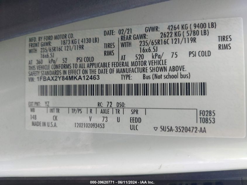 2021 Ford Transit-350 Passenger Van Xlt VIN: 1FBAX2Y84MKA12463 Lot: 39620771
