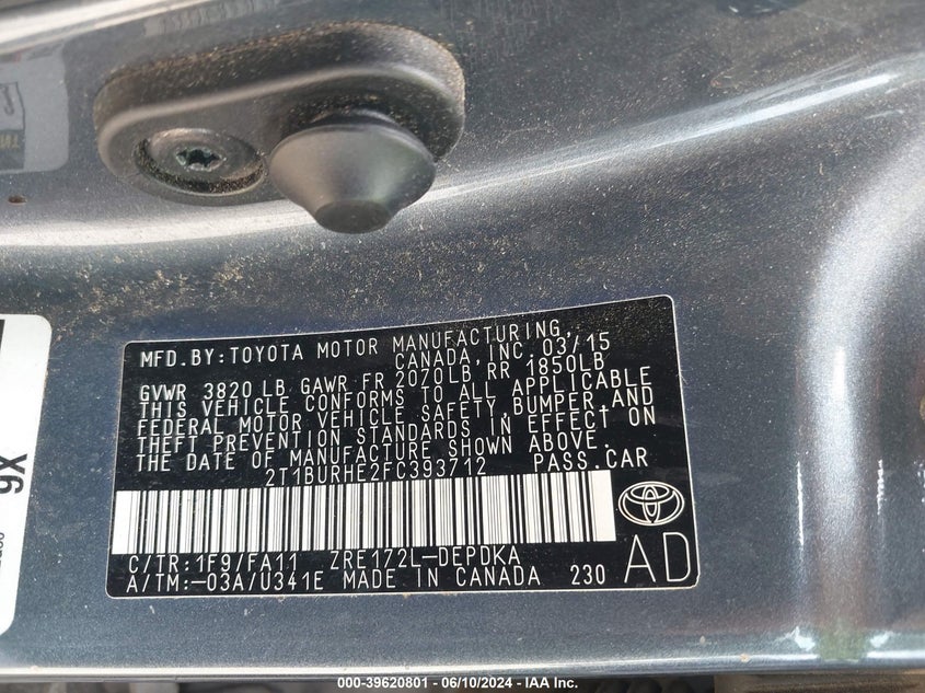 2015 Toyota Corolla L VIN: 2T1BURHE2FC393712 Lot: 39620801