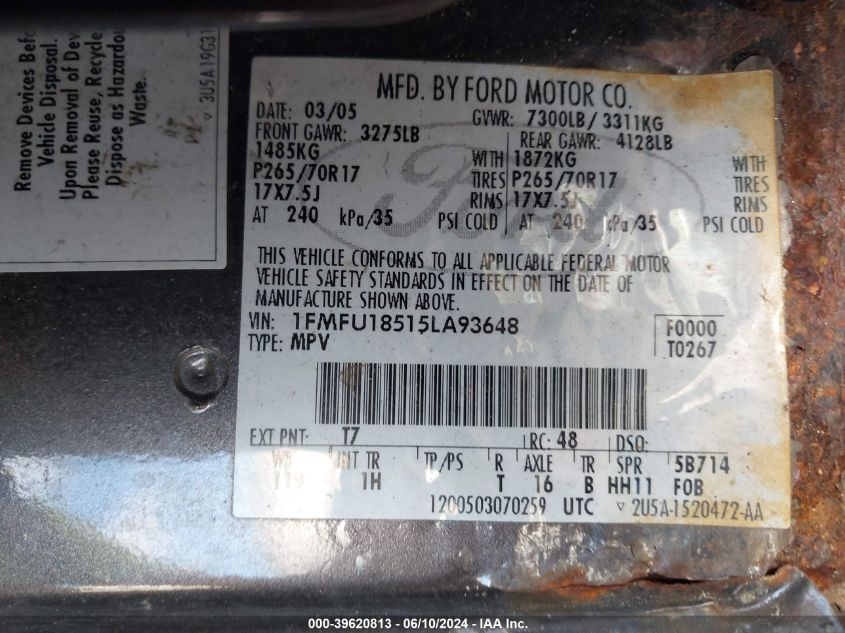 2005 Ford Expedition Eddie Bauer VIN: 1FMFU18515LA93648 Lot: 39620813