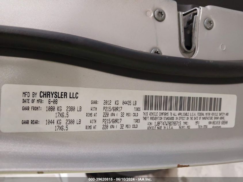 2008 Jeep Compass Sport VIN: 1J8FT47W78D785715 Lot: 39620815