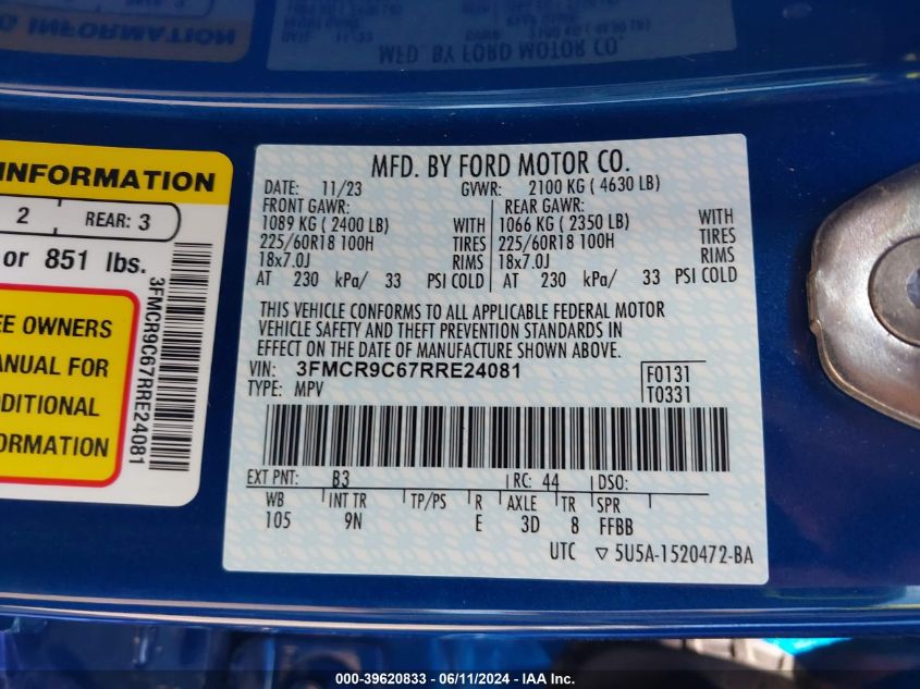 2024 Ford Bronco Sport Outer Banks VIN: 3FMCR9C67RRE24081 Lot: 39620833