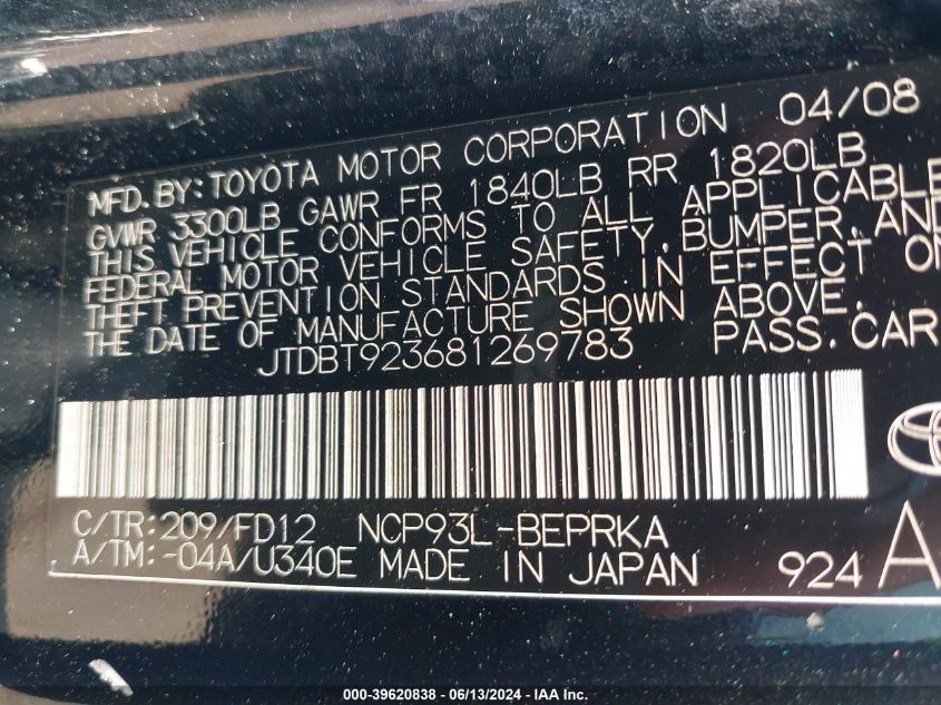 2008 Toyota Yaris VIN: JTDBT923681269783 Lot: 39620838