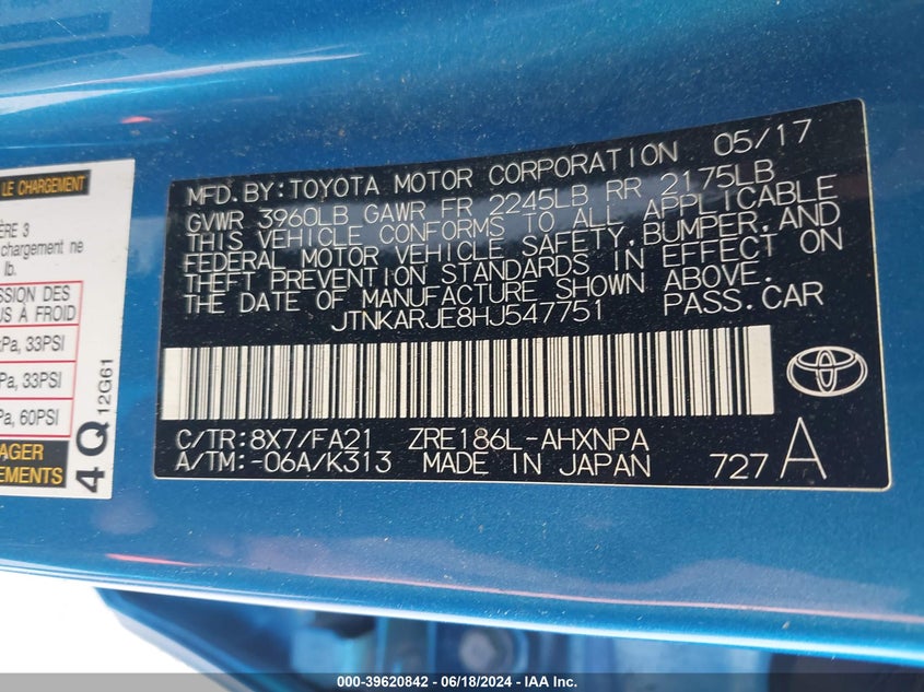 2017 Toyota Corolla Im VIN: JTNKARJE8HJ547751 Lot: 39620842